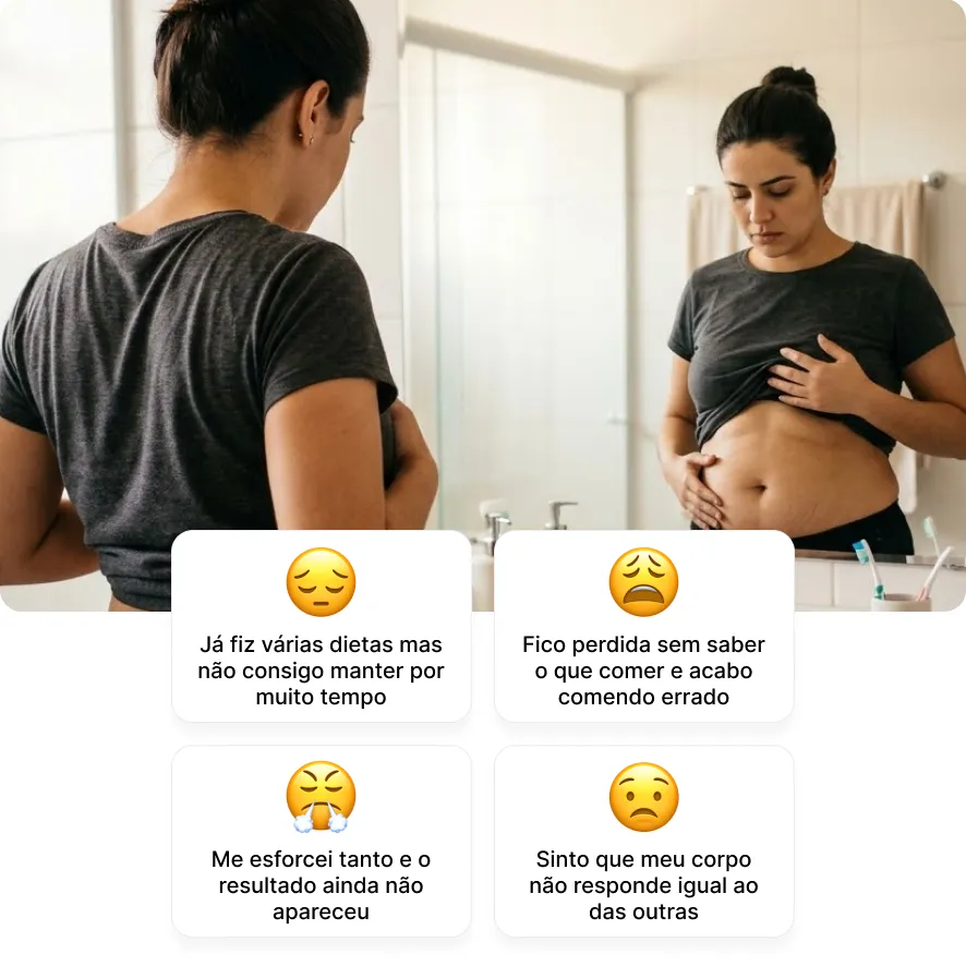 Mulher olhando para o espelho insatisfeita com o corpo